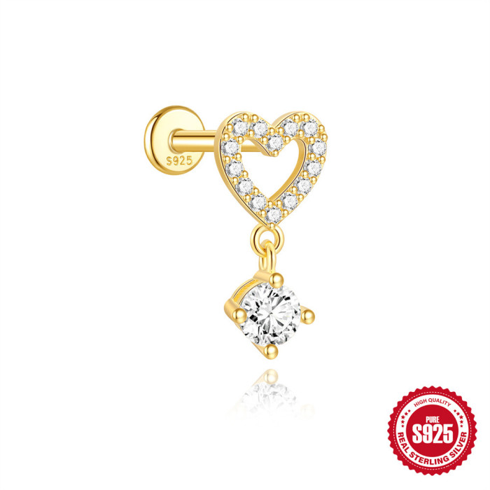 S925 Sterling Silver Geometric Zircon Flat Head Cartilage Threaded Piercing Ear Bone Stud European and American Hot Selling Elegant Pearl Ear Jewelry