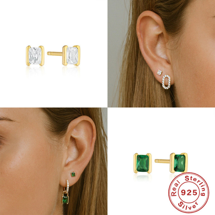 S925 Sterling Silver Rectangular Inlaid Diamond Fashion Stud Earrings European and American Hot Selling Elegant Light Luxury Office Wear Earrings for Women