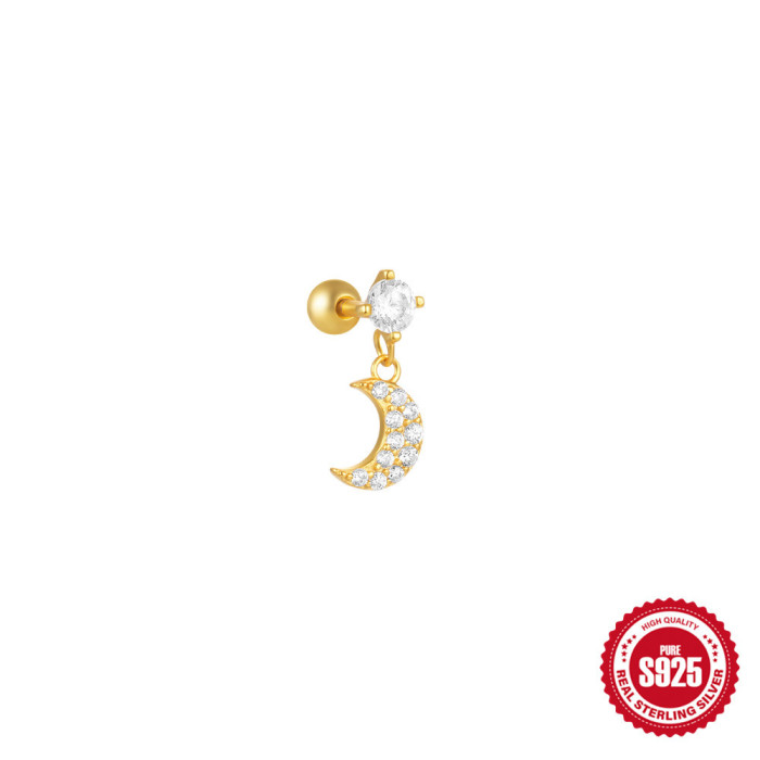 New S925 Silver Moon Star Pendant Earrings Twist Ball Threaded Ear Bone Stud European and American Hot Selling Cartilage Piercing Jewelry