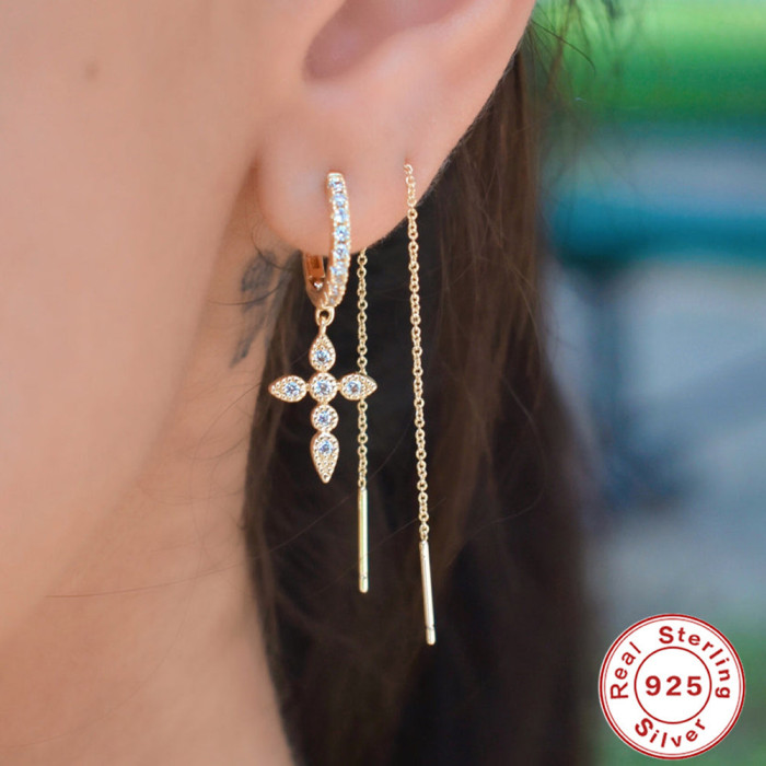 S925 Sterling Silver Tassel Inlaid Diamond Mini Pentagram Ear Thread Earrings Korean and Japanese Style Elegant Office Wear Earrings for Women