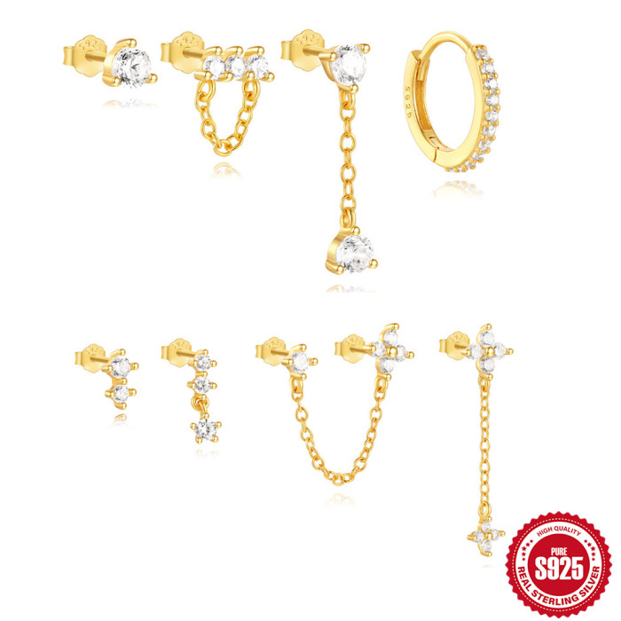 S925 Sterling Silver Minimalist Four-Leaf Clover Petal Earrings European and American Niche Unique Light Luxury High-End Diamond-Studded Earring Set