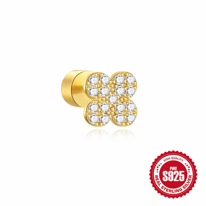 S925 Sterling Silver Geometric Inlaid Diamond Soft Bone Flat Head Cylinder Spiral Piercing Ear Bone Stud European and American Hot-Selling Earrings Ear Jewelry