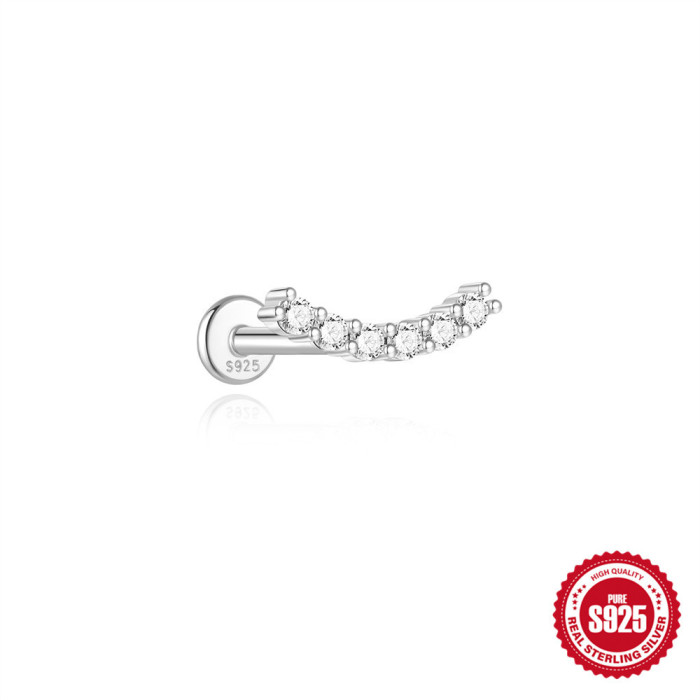 S925 Sterling Silver Curved Single Row Diamond Stud Earrings European and American Hot Selling Personality INS Thread Piercing Cartilage Stud Earrings