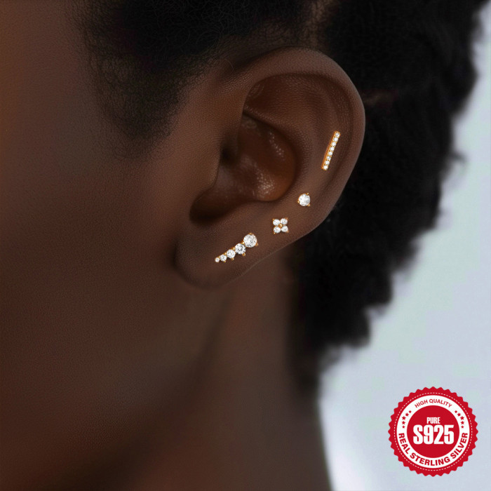 925 Sterling Silver Geometric Diamond Classic 4-Piece Set Earrings Vintage Turquoise Ear Studs Small Gold Ball Earrings