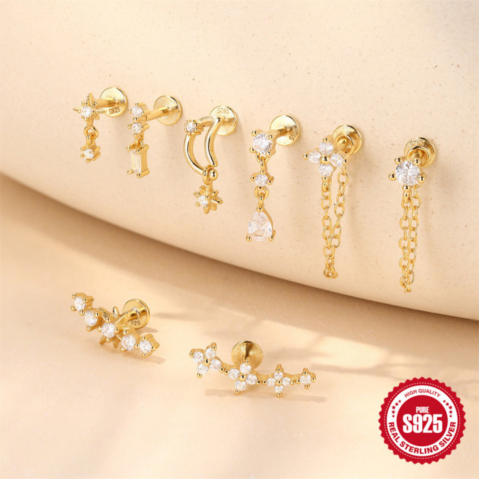 S925 Sterling Silver Geometric Tassel with Diamond Flat Head Threaded Piercing Ear Bone Stud European and American Hot Selling Personality Versatile Ear Jewelry