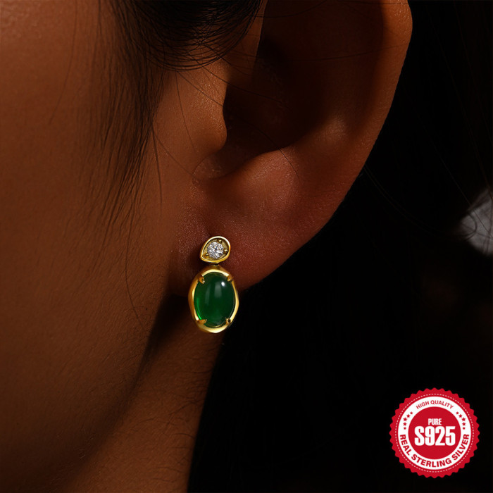 New 925 Sterling Silver Classic Luxurious Stone-Studded Green Gemstone Earrings Hot-Selling Elegant Niche Earrings...