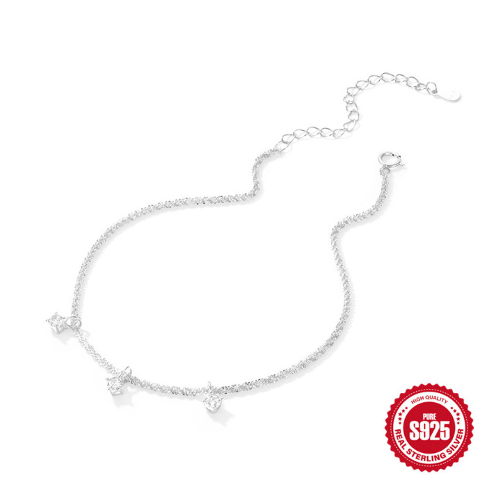 New S925 Sterling Silver Three Zircon Pendant Anklet European and American Hot-Selling Summer Style Foot Jewelry Inlaid with Diamonds Elegant Anklet for Women