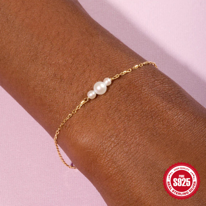 S925 Sterling Silver Elegant Vintage Large and Small Pearl Simple Versatile Bracelet Korean Style Personality Internet Celebrity Hot Selling Versatile Bracelet