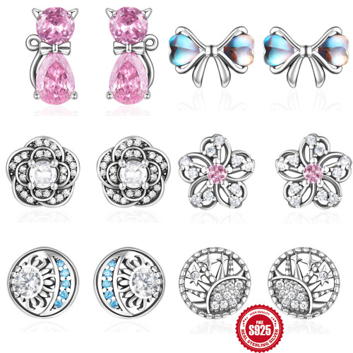 S925 Sterling Silver Fun Cat Bowknot Diamond-Studded Earrings Jewelry European and American Hot-Selling Flower Moon Personality Earrings
