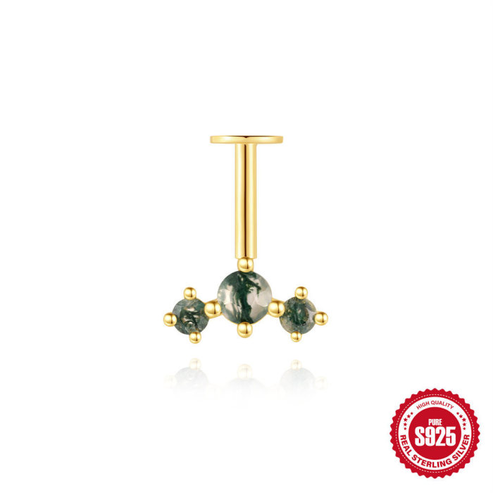 S925 Sterling Silver Geometric Natural Water Grass Moss Agate Flat Head Threaded Vertical Piercing Ear Bone Stud European and American Hot-Selling Model