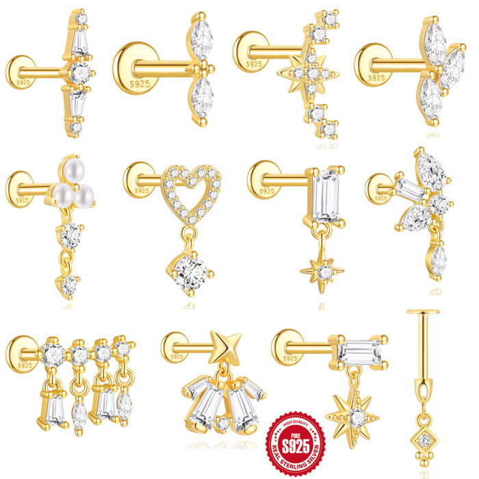 S925 Sterling Silver Geometric Zircon Flat Head Cartilage Threaded Piercing Ear Bone Stud European and American Hot Selling Elegant Pearl Ear Jewelry