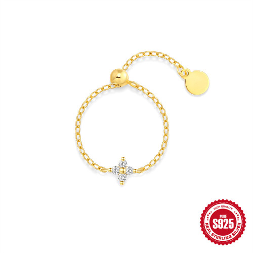S925 Sterling Silver Four-Leaf Clover Inlaid Diamond Adjustable Chain Index Finger Ring Amazon Bestselling Elegant Personality Ring
