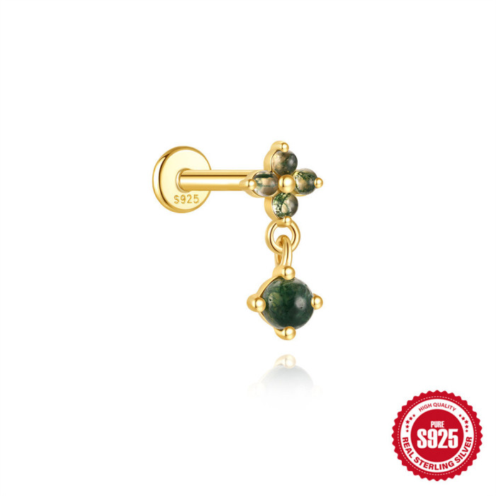 S925 Sterling Silver Natural Aquatic Agate Butterfly Inlaid Diamond Flat Head Threaded Piercing Ear Bone Stud Cross-Border Hot-Selling Ear Jewelry