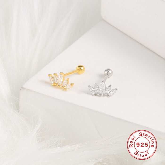 S925 Sterling Silver Single Crown Ear Bone Stud Earrings European and American Best-selling Fashion Diamond-studded Threaded Ear Piercing Women's Ear Jewelry