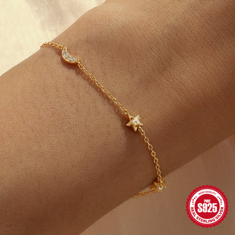 S925 Sterling Silver Star Moon Pearl Inlaid Layered Daily Matching Bracelet Korean Style Internet Celebrity Niche Design Sense Jewelry