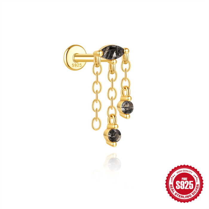 S925 Sterling Silver Geometric Horse Eye Natural Stone Black Rutilated Quartz Flat Head Threaded Piercing Ear Bone Stud European and American Hot Selling Jewelry