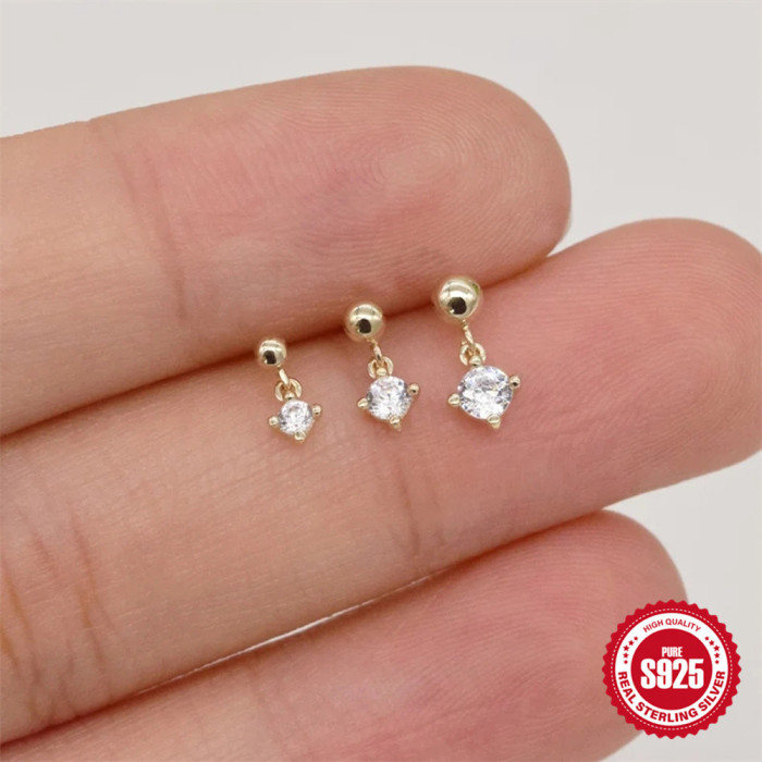 S925 Sterling Silver Four-Prong Stone-Inlaid Basic Daily Matching Earrings Set for Women Korean Version Niche Desig...