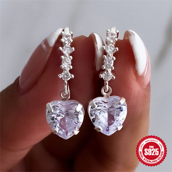 S925 Sterling Silver Petal Heart Diamond-Studded Earrings European and American Super Shiny Silver Daily Matching Hoop Earrings Ear Clips Earrings