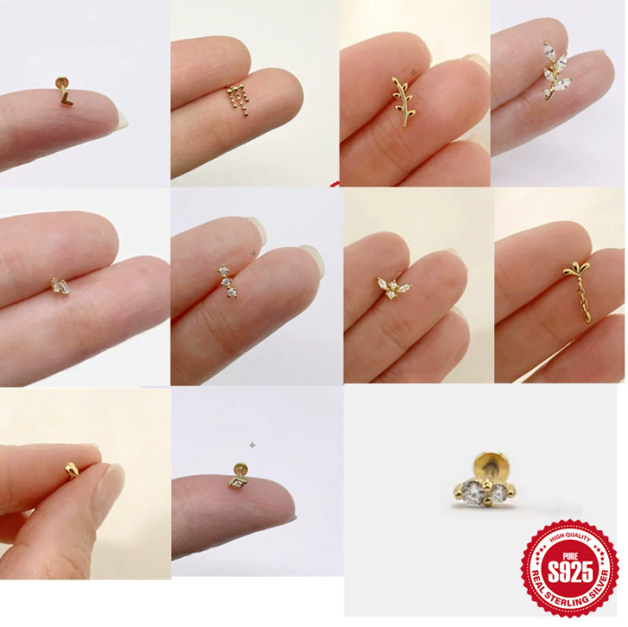S925 Sterling Silver INS Style Diamond-Studded Flat Head Threaded Piercing Ear Bone Stud New Elegant Small Exquisite Versatile Earrings