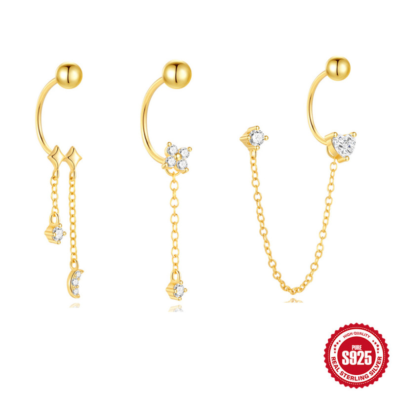 S925 Sterling Silver Star Moon Tassel Exquisite Layered Earrings for Women European and American Hot Selling Diamond-Encrusted Light Luxury Small Gold Ball Stud Earrings