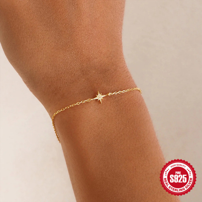 New 925 Sterling Silver Eight-Pointed Star Inlaid Diamond Bracelet Korean Style Hot-Selling Elegant Personality Niche Design Bracelet