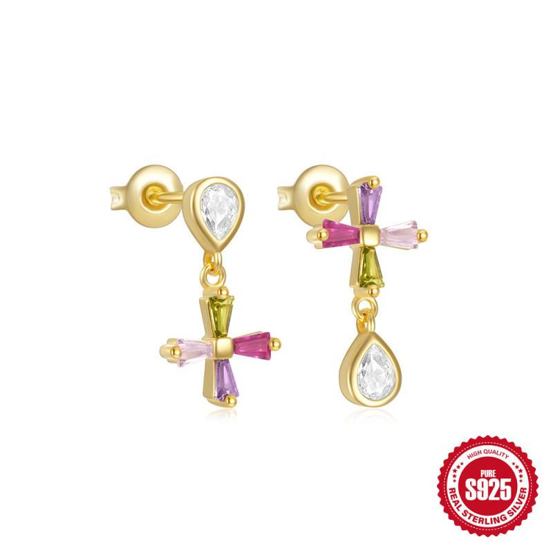 S925 Sterling Silver Colorful Zircon Water Drop Cross Earrings Studs High-end Niche European and American Cross-border Jewelry