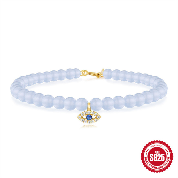 New 925 Sterling Silver Aquamarine Chalcedony Handmade Beaded Bracelet European and American French Style Inlaid with Diamonds DIY Accessories Christmas Jewelry