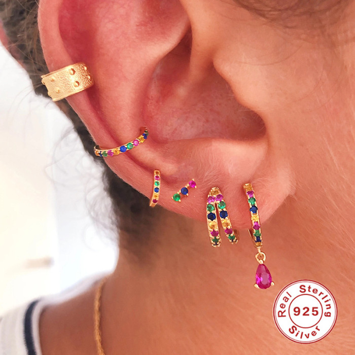 S925 Sterling Silver Double Layer Colorful Inlaid Diamond Hoop Earrings European and American Cross-Border Bestselling INS Light Luxury Elegant Earrings