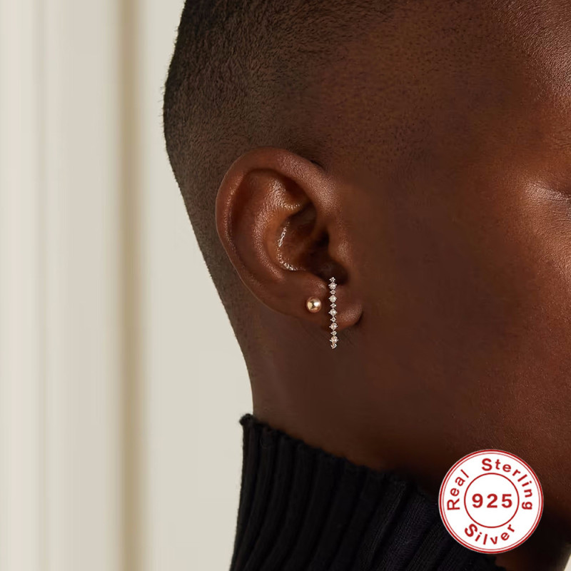 S925 Sterling Silver Single Row Diamond Stud Earrings Pearl Earrings for Women European and American Retro Simple High-end Elegant Ins Style Earrings