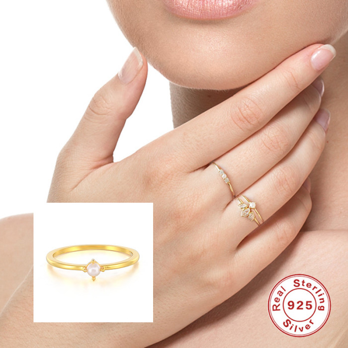 S925 Sterling Silver Single Mini Pearl Ring European and American Hot Selling Fashion Ins Style Simple Engagement Ring Tail Ring for Women