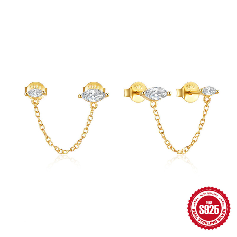 Classic 925 Sterling Silver Chain Tassel Marquise Diamond Stud Earrings European and American Hot-Selling Marquise Personality Creative Earrings
