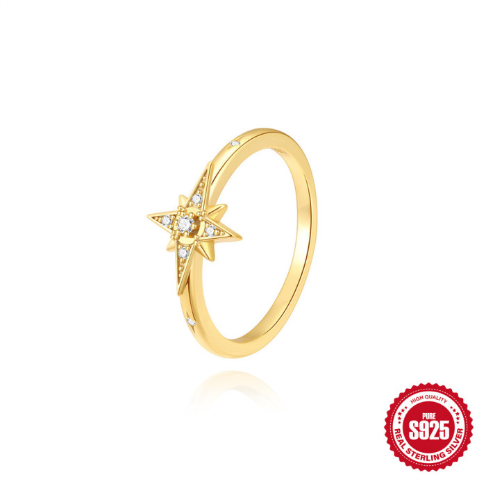 S925 Sterling Silver Eight-Pointed Star Stone-Inlaid Light Luxury Classic Ring Korean Version Niche Internet Celebr...
