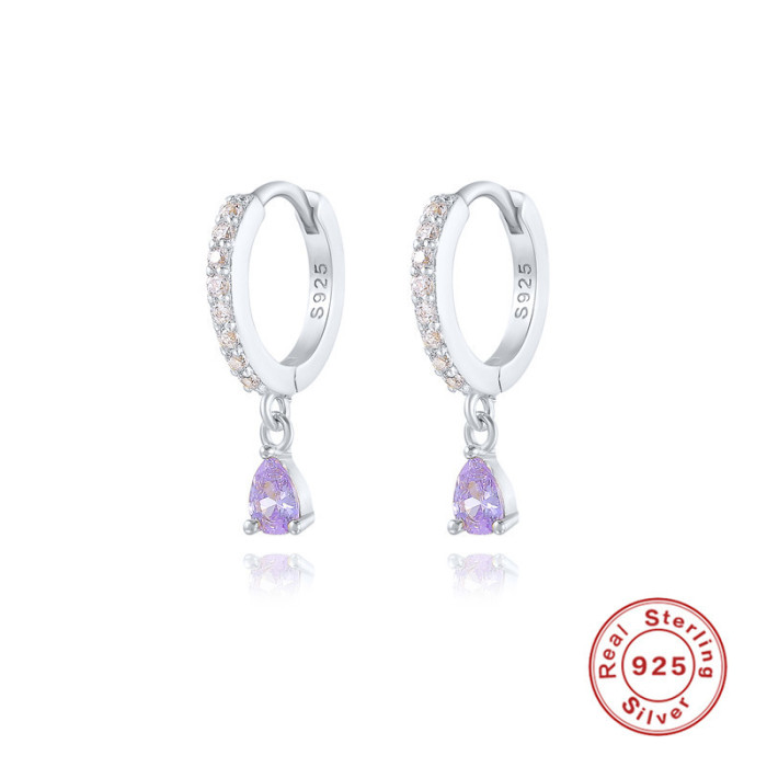 S925 Sterling Silver Diamond-Studded Water Drop Hoop Earrings Cross-Border Bestseller INS Color Diamond Ear Clips Ear Pendants Ear Jewelry Ins Style Hot Item