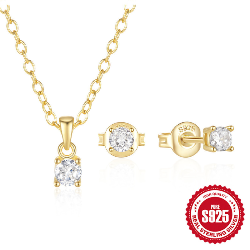 New 925 Sterling Silver Simple Classic Four-Prong Inlaid Zircon Necklace and Earrings Set European and American Hot-Selling Niche Jewelry