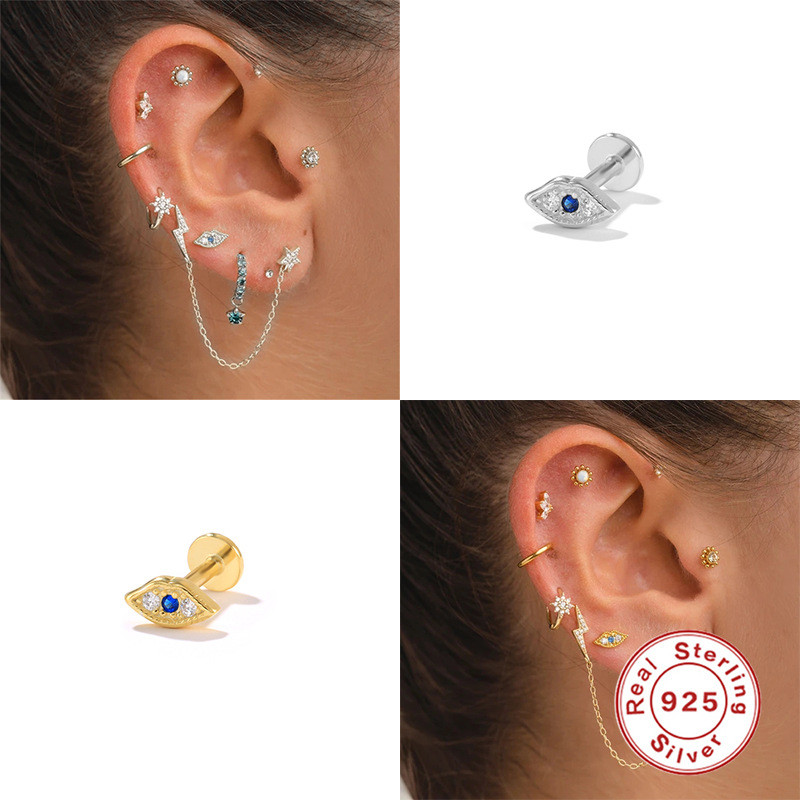 S925 Sterling Silver Personality Lip Diamond Piercing Earrings European and American Hot Selling INS Flat Head Threaded Piercing Cartilage Stud Earrings