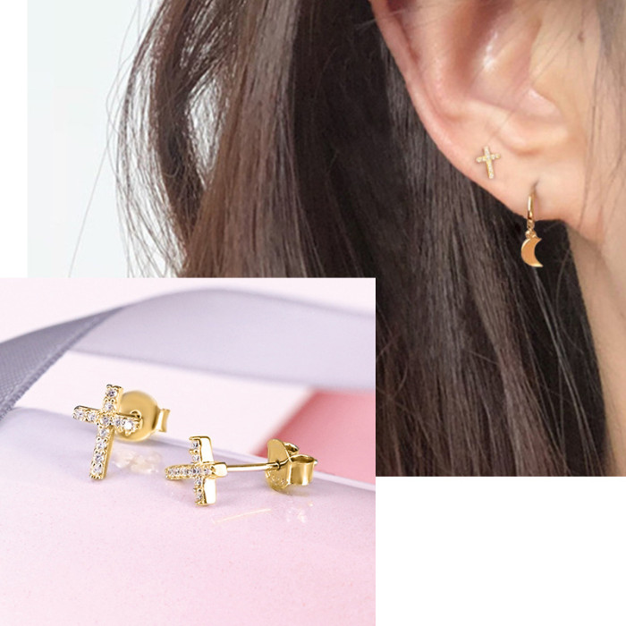 S925 Sterling Silver Cross Earrings European and American Cross-Border Hot Selling Fashion Simple Light Luxury INS Style Geometric Diamond Earrings