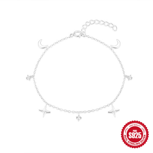 New 925 Sterling Silver Stackable Four-Pointed Star Inlaid Diamond Moon Women's Daily Matching Bracelet Xiaohongshu Same Style Jewelry