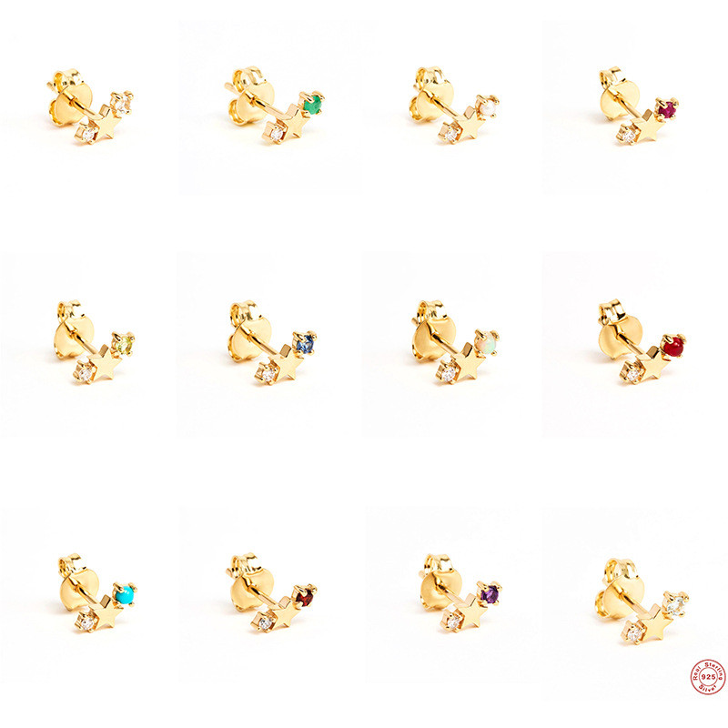 S925 Sterling Silver Five-Pointed Star Zodiac Birthstone Inlaid Diamond Earrings European and American INS Creative Personality Earrings Jewelry
