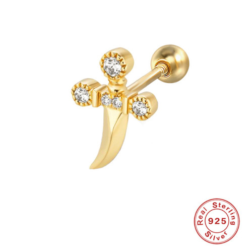 S925 Sterling Silver Personality Small Dagger Inlaid Diamond Piercing Threaded Earrings Ear Jewelry Cross-Border Hot Selling INS Creative Ear Bone Studs