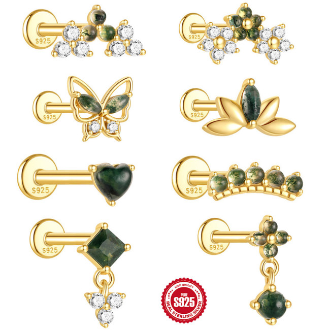 S925 Sterling Silver Natural Aquatic Agate Butterfly Inlaid Diamond Flat Head Threaded Piercing Ear Bone Stud Cross-Border Hot-Selling Ear Jewelry