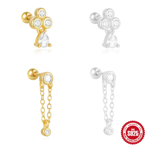 S925 Sterling Silver Diamond-Studded Small Gold Ball Piercing Threaded Ear Bone Stud Japanese and Korean Sweet Style Chain Tassel Earrings Stud for Women