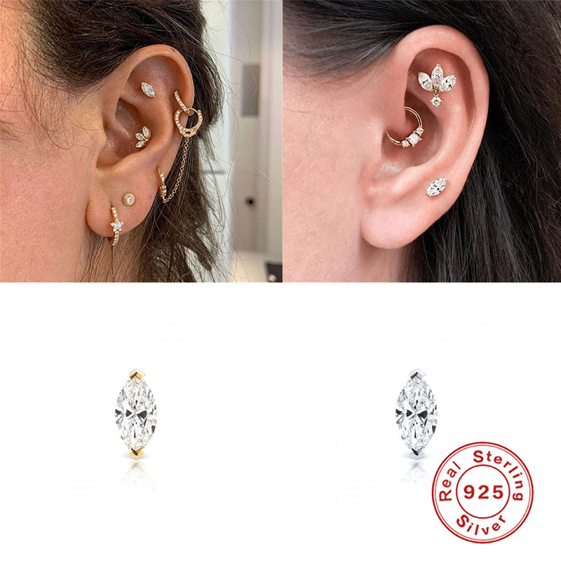 S925 Sterling Silver Single Horse Eye Diamond Threaded Piercing Ear Bone Stud European and American Trendy Personality Creative Style Earrings Ear Jewelry