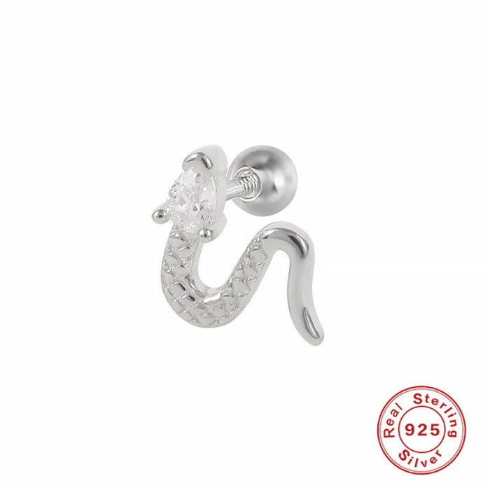 S925 Sterling Silver Piercing Single Small Snake Earring European and American Fun Minimalist Style Inlaid Diamond Threaded Piercing Ear Bone Stud