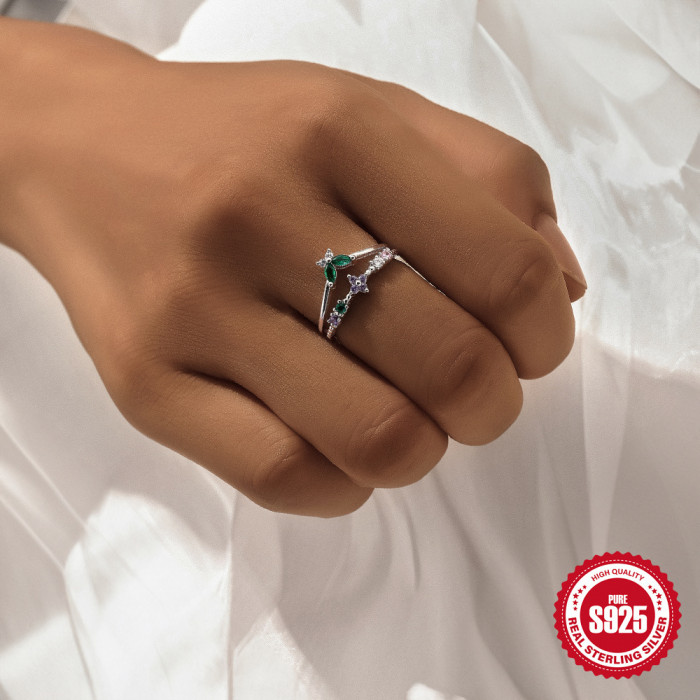 New S925 Sterling Silver Ring for Women with Colorful Zircon Inlay, Floral Sweet Design, Adjustable Open Finger Ring...