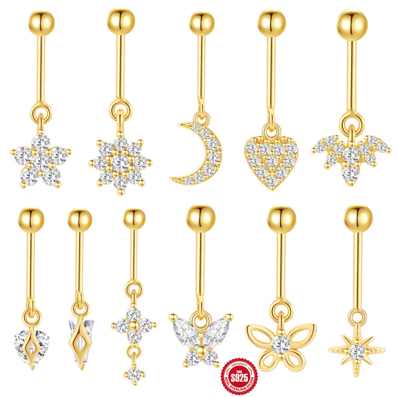 S925 Sterling Silver Heart Moon Inlaid Diamond Flower Vertical Round Bead Piercing Threaded Ear Bone Stud Cross-Border Hot-Selling Ear Jewelry