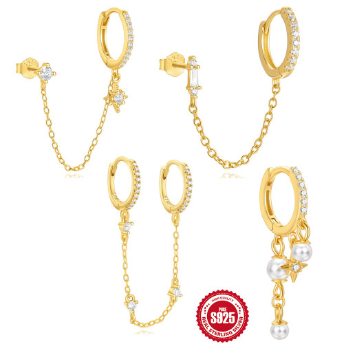 New S925 Sterling Silver Eight-Pointed Star Inlaid Diamond Tassel Chain Earrings Hoop Earrings Women's European and American Hot-Selling Pearl Earrings