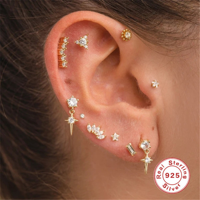 S925 Sterling Silver Triangle Diamond-Studded Body Piercing Stud Earrings European and American Bestselling INS Style Flat Head Threaded Piercing Ear Jewelry
