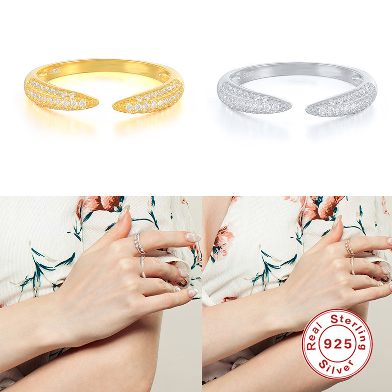 925 Sterling Silver Fashion INS Horn Open Ring European and American Hot Sale Simple Versatile Three Row Inlaid Diamond Women's Ring