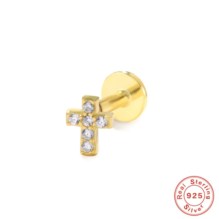S925 Sterling Silver Geometric Cross O-Shaped Diamond-Studded Screw Thread Pendant Earrings Stud Earrings European and American INS Style Ear Bone Studs