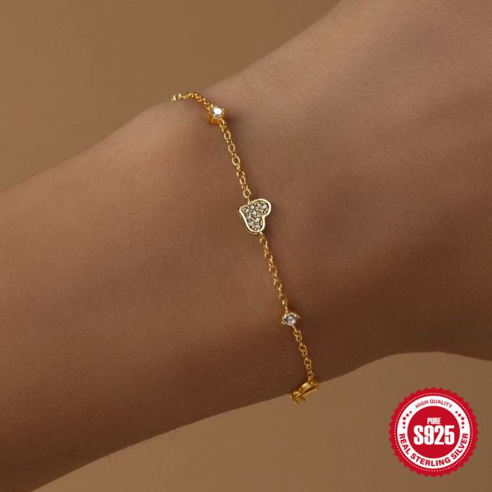 New S925 Sterling Silver Heart Diamond-Studded Versatile Bracelet European and American Hot-Selling Niche Design Bracelet Valentine's Day Gift